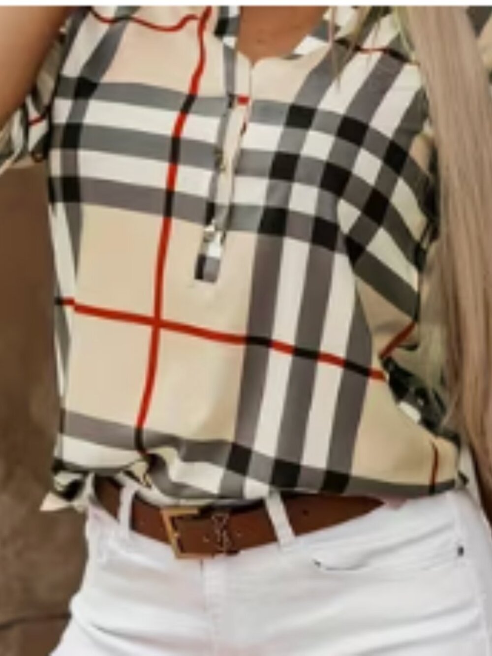 Plus Size Casual Blouse, Women's Plus Plaid Print Roll Up Sleeve Notched Neck